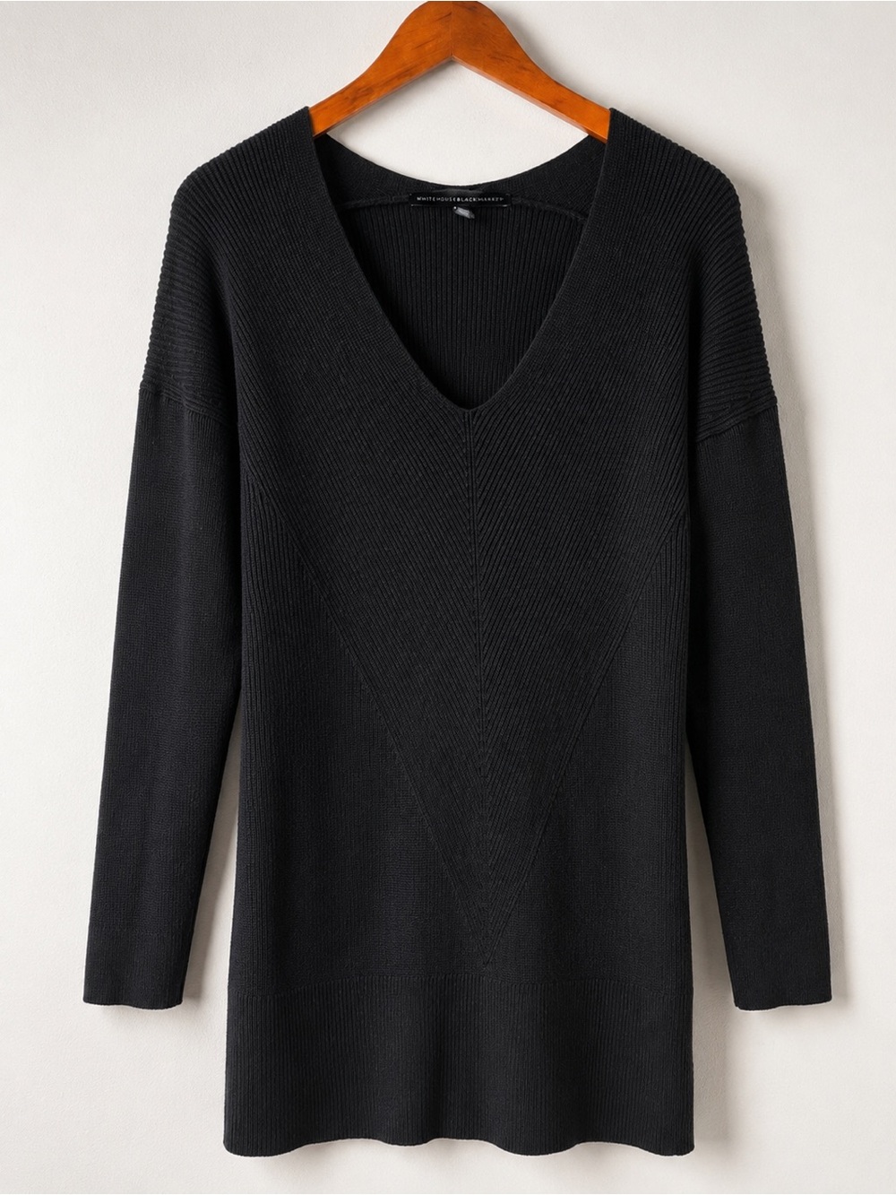 White House Black Market Black Cashmere Blend V-Neck Tunic Sweater Medium - Picture 2 of 6